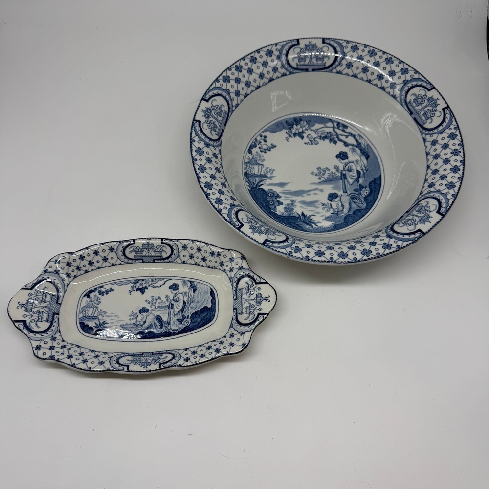 Antique Adams Tokio Blue Ironstone 9.5" Bowl 8.75" Oval Dish England Reg 684663